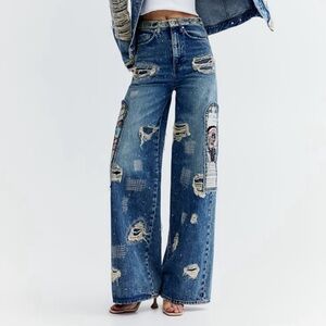 Hm basquiat denim straight relaxed high jeans 27